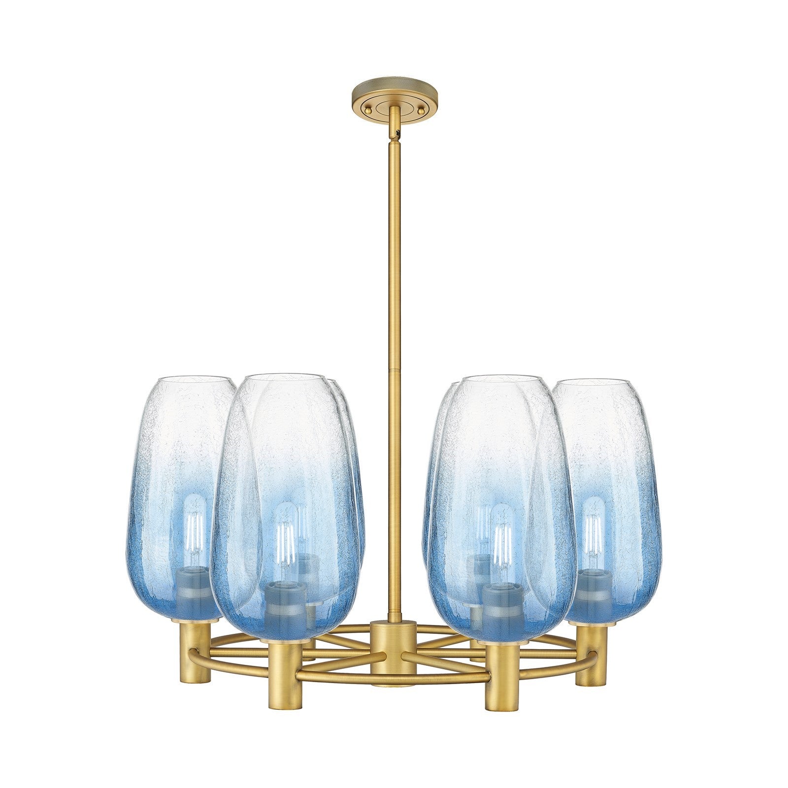 Innovations Brookhaven Flute 27in 6-Light Chandelier | Industrial Brushed Brass and Sapphire Blue Glass | Kitchen Island | Model 434-6CR-BB-G484-7SB