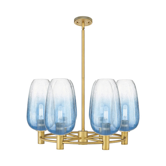 Innovations Brookhaven Flute 27in 6-Light Chandelier | Industrial Brushed Brass and Sapphire Blue Glass | Kitchen Island | Model 434-6CR-BB-G484-7SB
