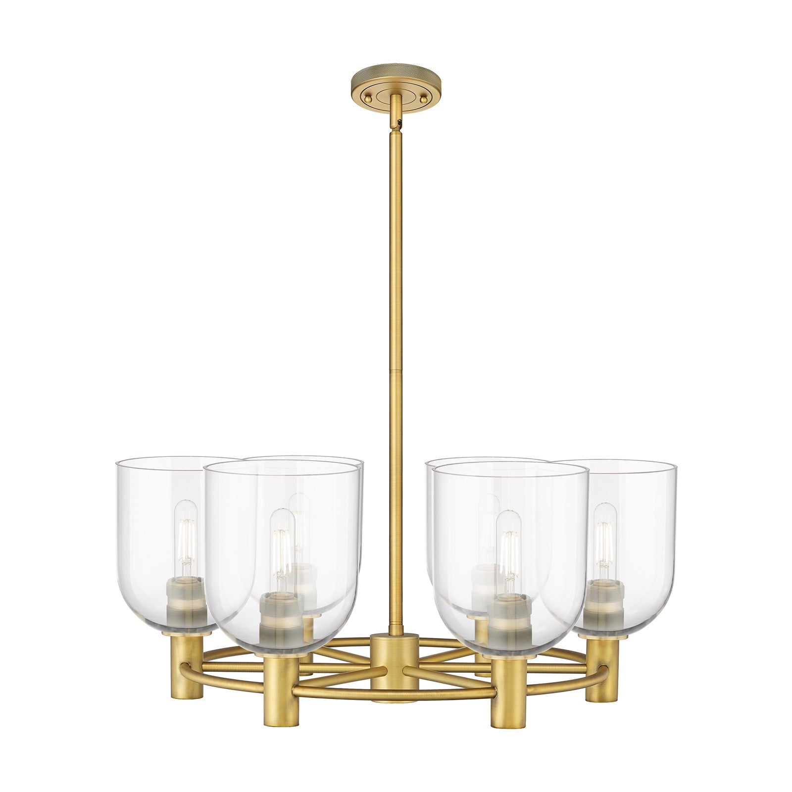 Innovations Bella 25in 6-Light Chandelier | Industrial Brushed Brass and Clear Glass | Kitchen Island & Dining Room | Model 434-6CR-BB-G558-6CL