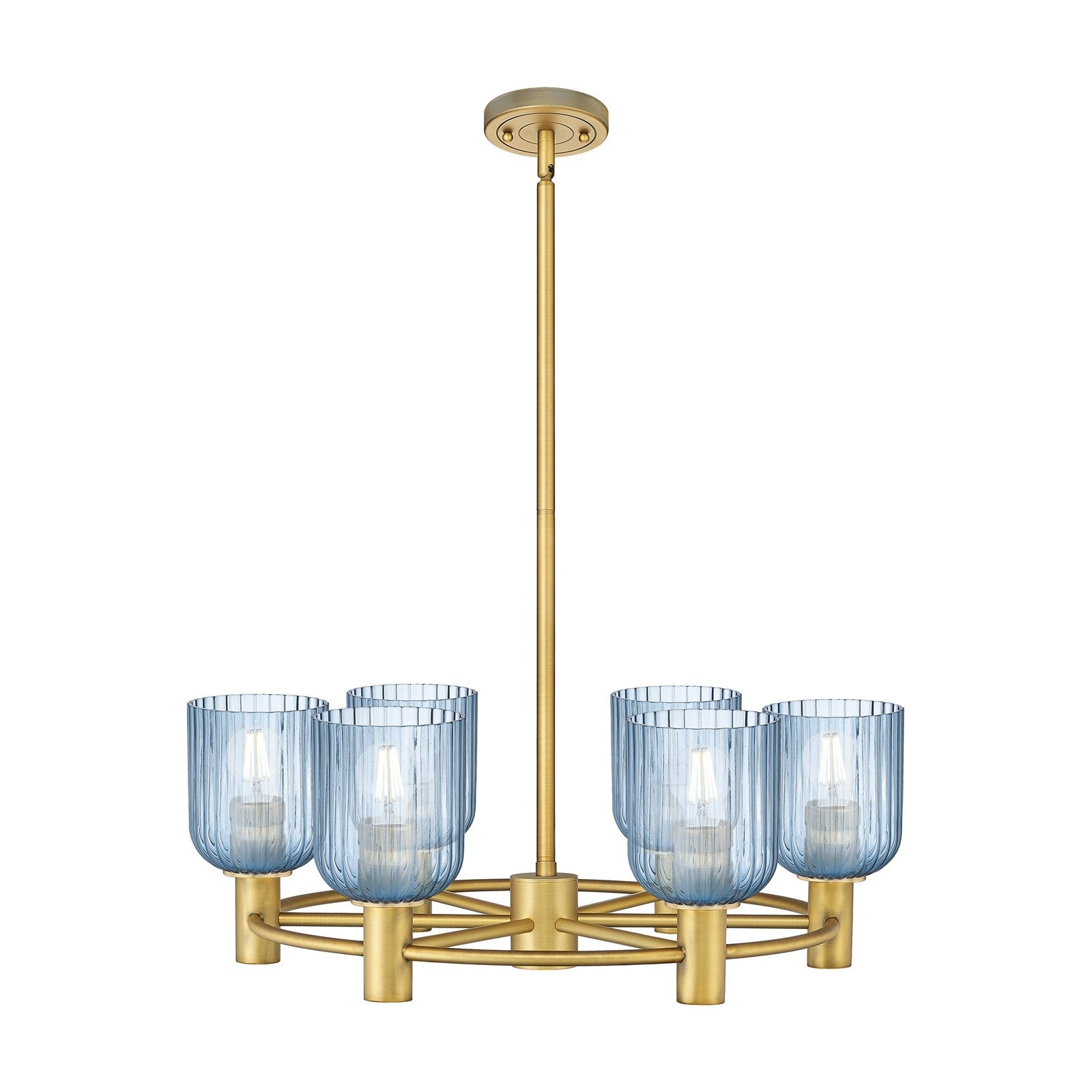 Innovations Crown Point 25in 6-Light Chandelier | Industrial Brushed Brass and Princess Blue Glass | Kitchen Island | Model 434-6CR-BB-G559-5BL