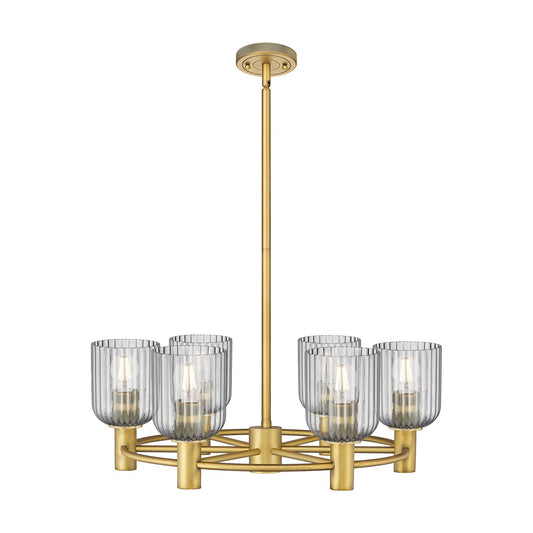Innovations Crown Point 25in 6-Light Chandelier | Industrial Brushed Brass and Light Smoke Glass | Kitchen Island | Model 434-6CR-BB-G559-5SM