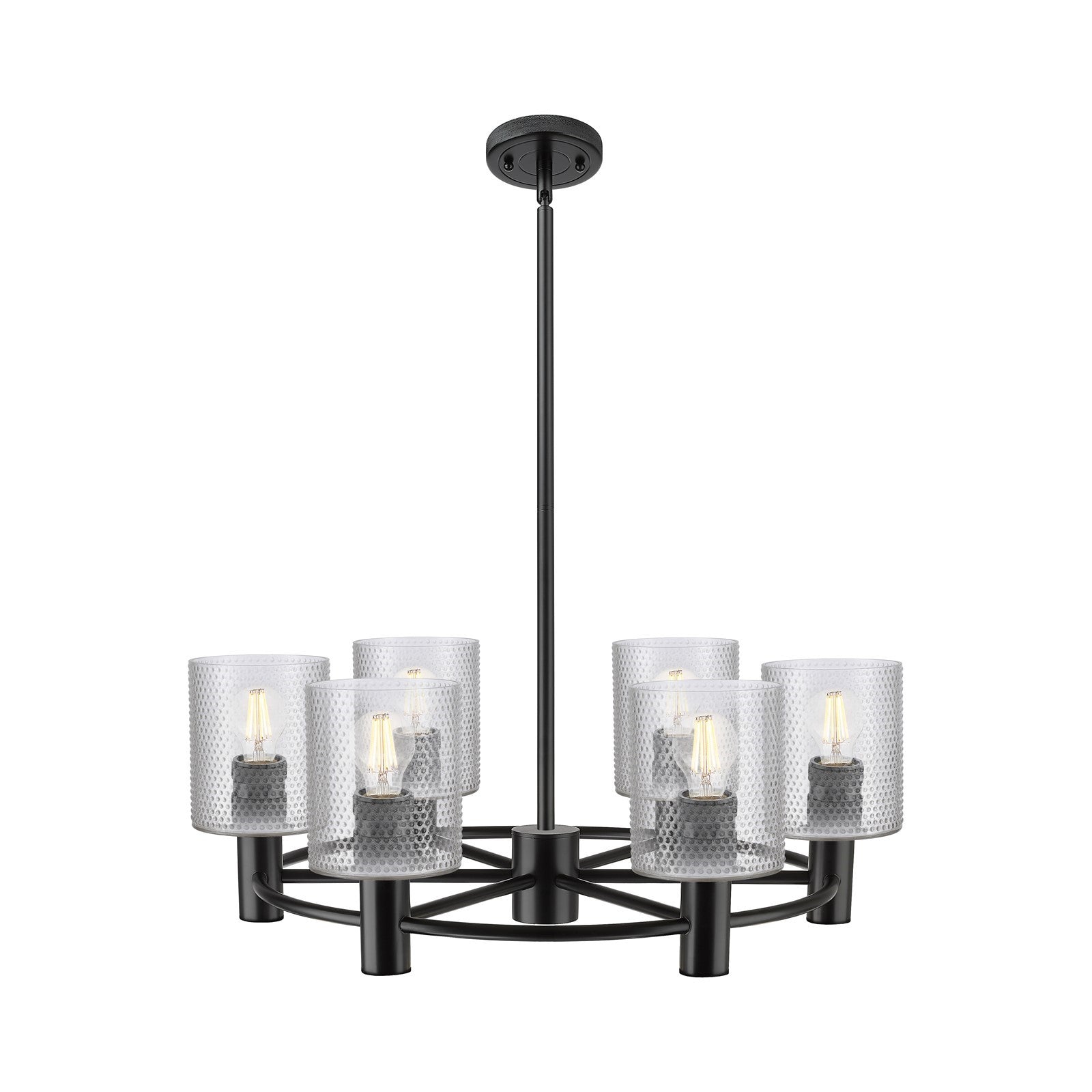 Innovations Cobbleskill 25in 6-Light Chandelier | Industrial Matte Black and Clear Glass | Kitchen Island & Dining Room | Model 434-6CR-BK-G112