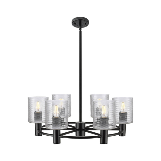 Innovations Cobbleskill 25in 6-Light Chandelier | Industrial Matte Black and Clear Glass | Kitchen Island & Dining Room | Model 434-6CR-BK-G112