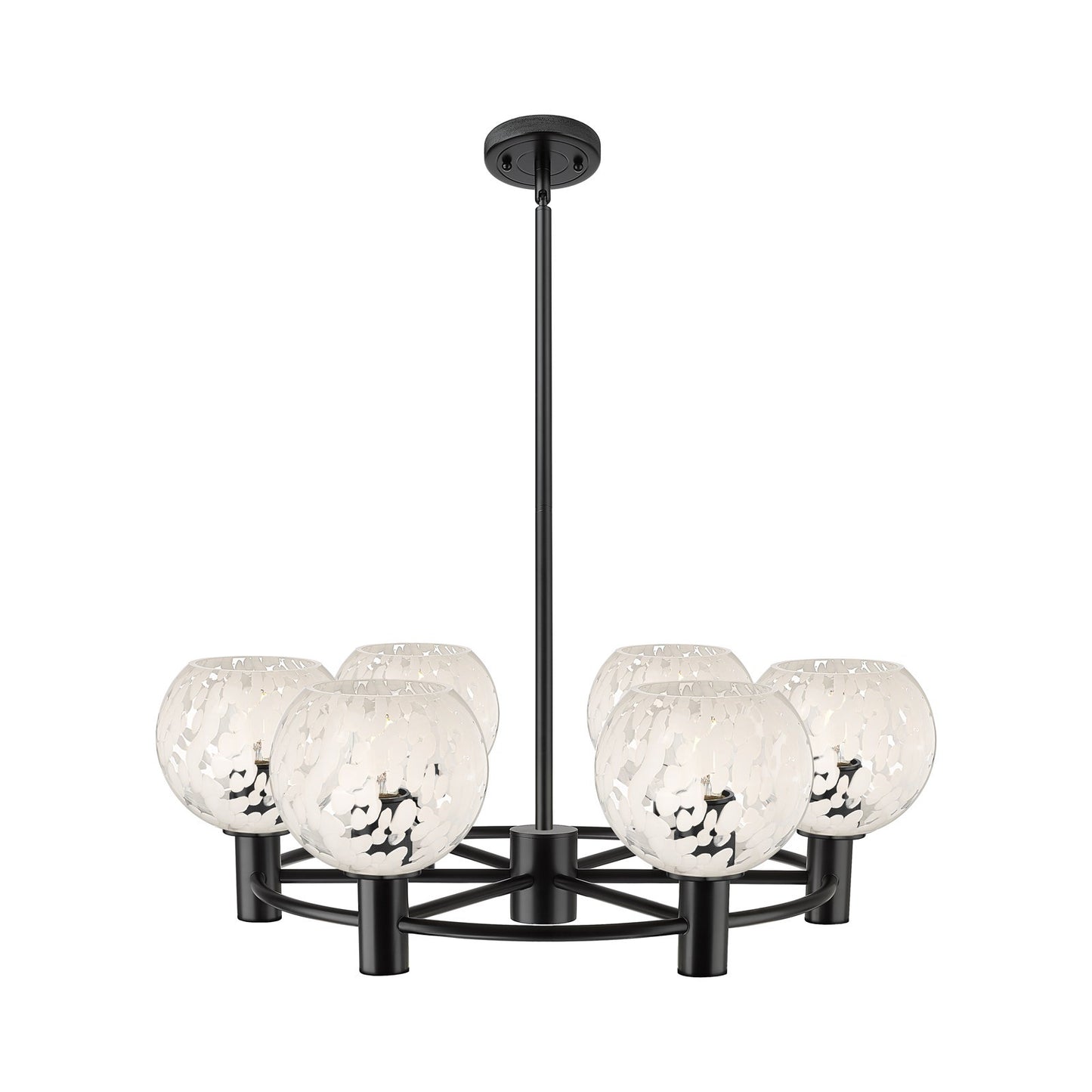 Innovations White Mouchette 26in 6-Light Chandelier | Industrial Matte Black and White Mouchette Glass | Kitchen Island | Model 434-6CR-BK-G1216-6WM