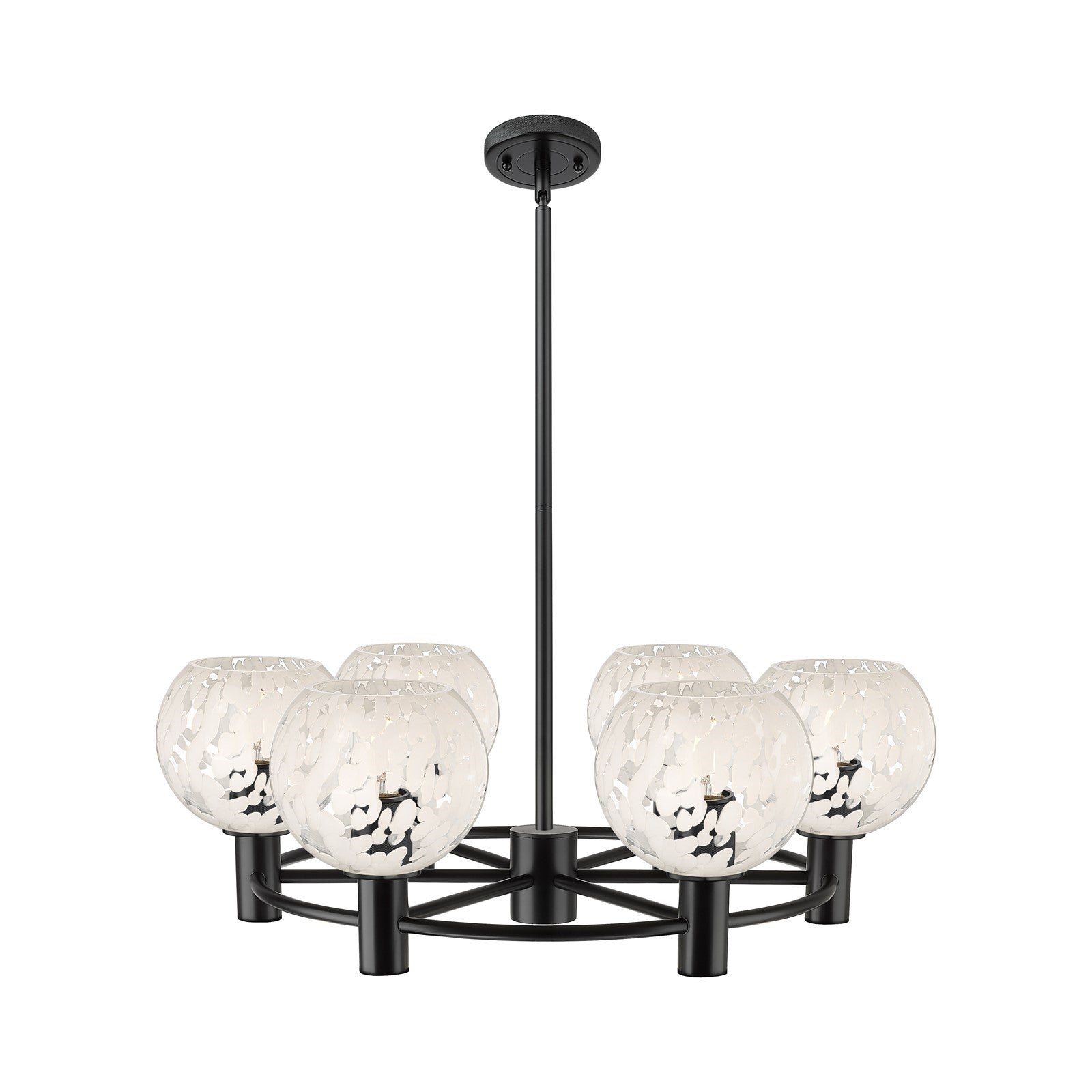 Innovations White Mouchette 26in 6-Light Chandelier | Industrial Matte Black and White Mouchette Glass | Kitchen Island | Model 434-6CR-BK-G1216-6WM