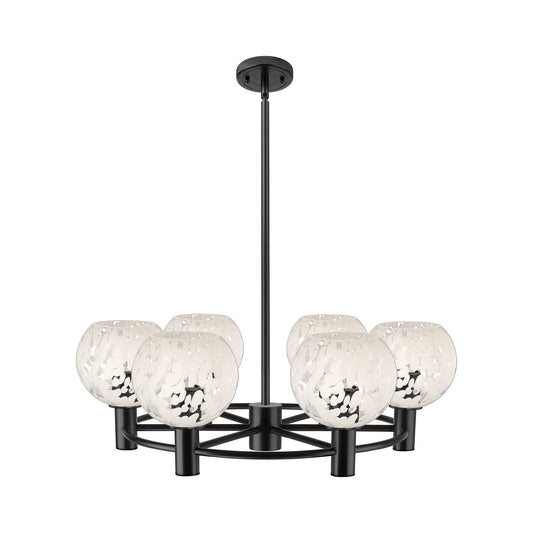 Innovations White Mouchette 26in 6-Light Chandelier | Industrial Matte Black and White Mouchette Glass | Kitchen Island | Model 434-6CR-BK-G1216-6WM