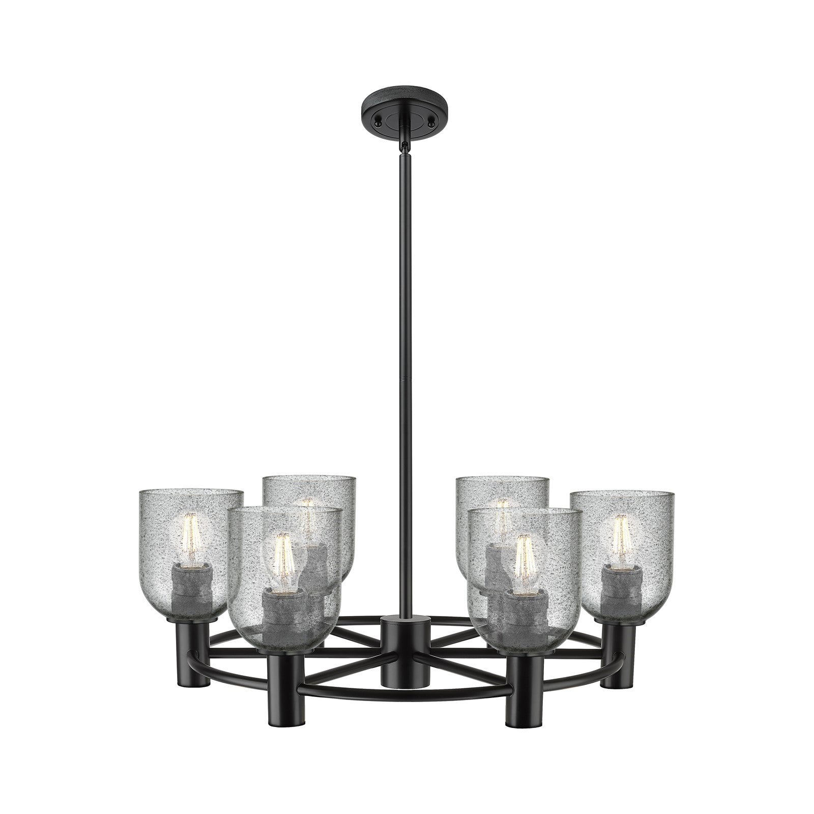 Innovations Caledonia 25in 6-Light Chandelier | Industrial Matte Black and Charcoal Glass | Kitchen Island & Dining Room | Model 434-6CR-BK-G257
