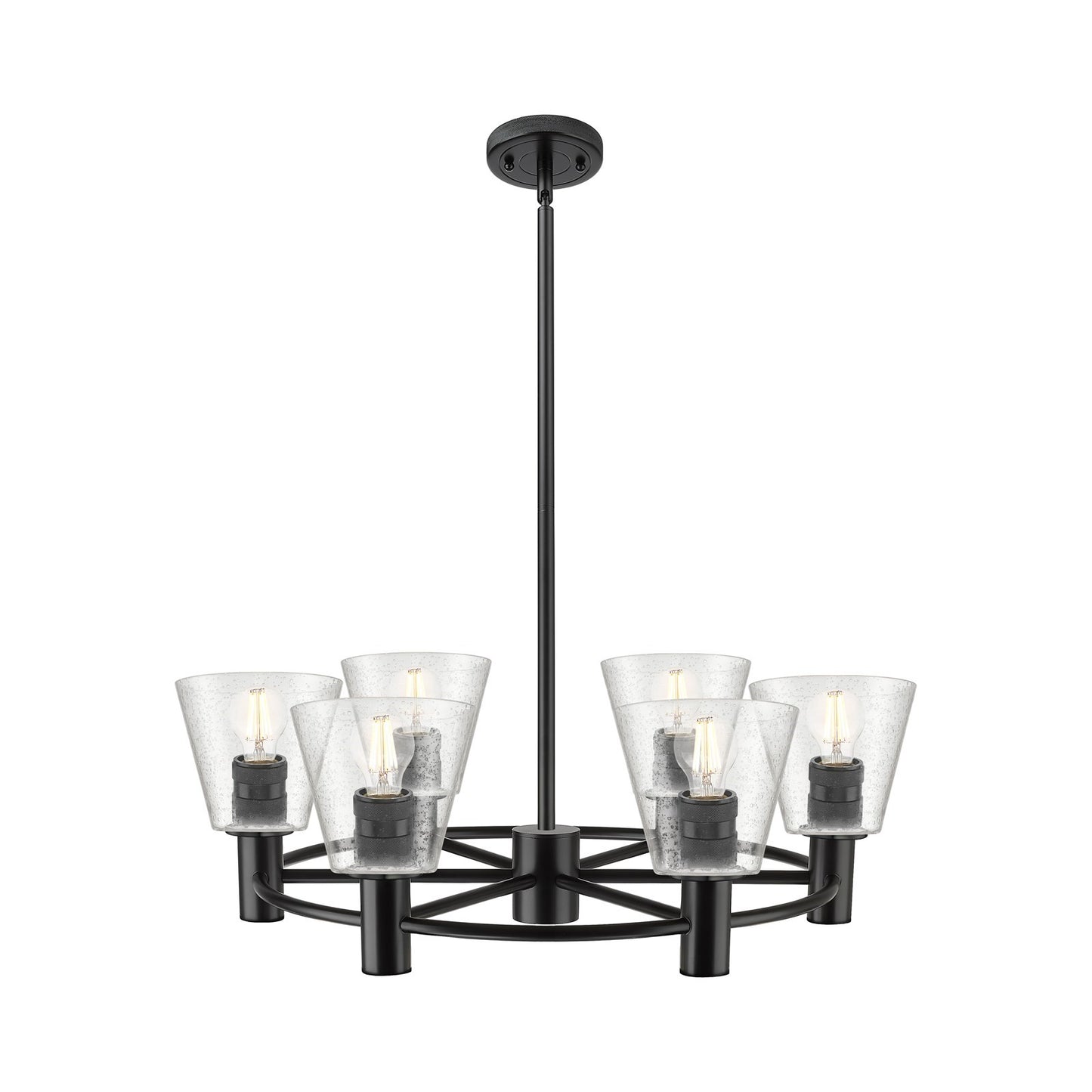Innovations Caton 26in 6-Light Chandelier | Industrial Matte Black and Frosted Glass | Kitchen Island & Dining Room | Model 434-6CR-BK-G454