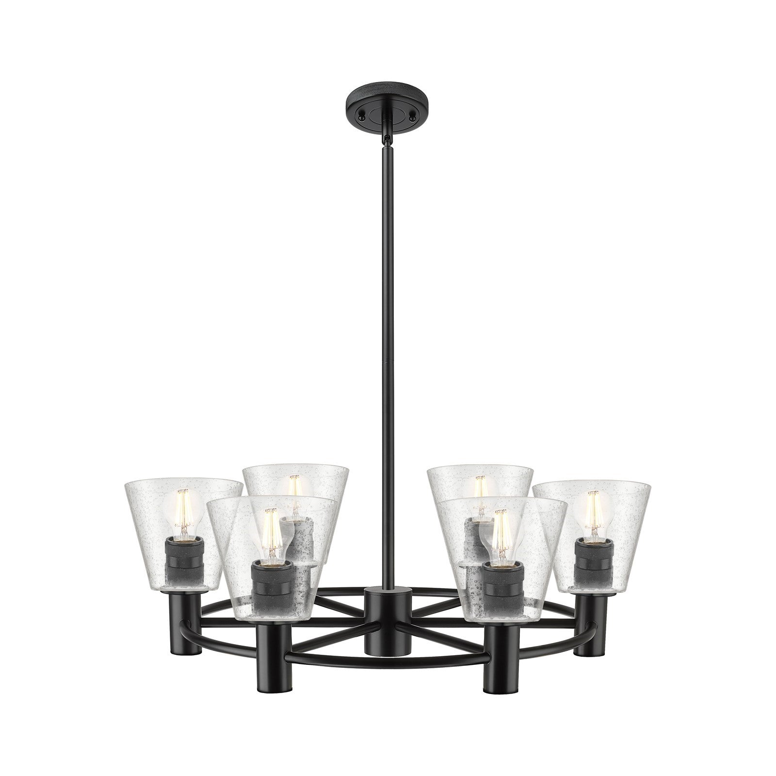 Innovations Caton 26in 6-Light Chandelier | Industrial Matte Black and Frosted Glass | Kitchen Island & Dining Room | Model 434-6CR-BK-G454