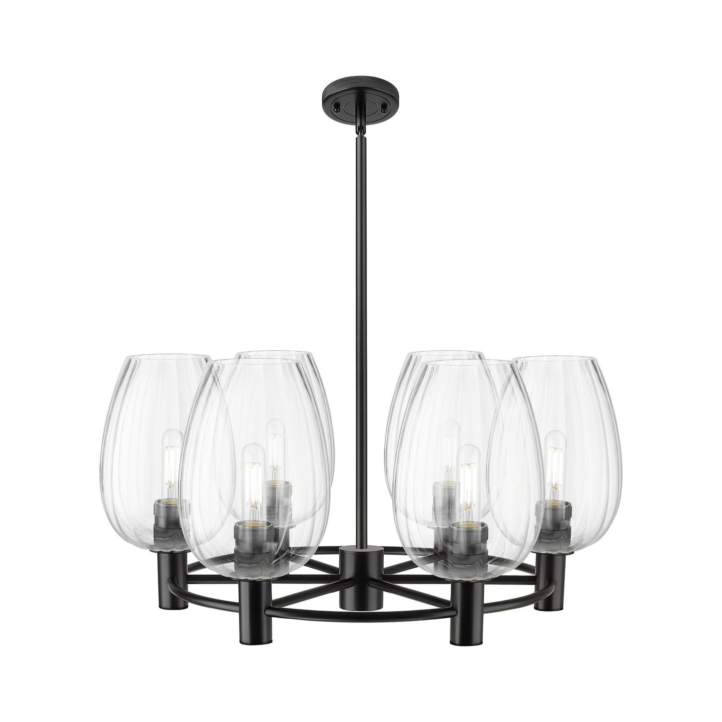 Innovations Preston Flute 26in 6-Light Chandelier | Industrial Matte Black and Clear Glass | Dining Room & Kitchen Island | Model 434-6CR-BK-G457-6CL