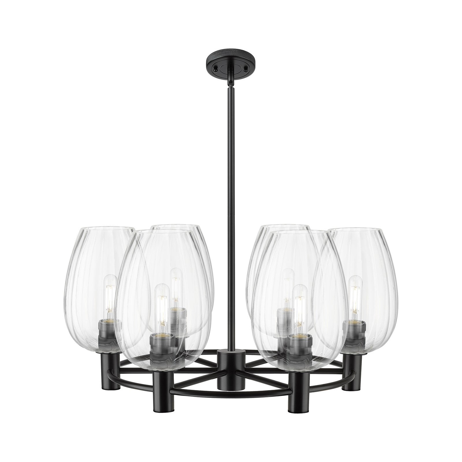 Innovations Preston Flute 26in 6-Light Chandelier | Industrial Matte Black and Clear Glass | Dining Room & Kitchen Island | Model 434-6CR-BK-G457-6CL