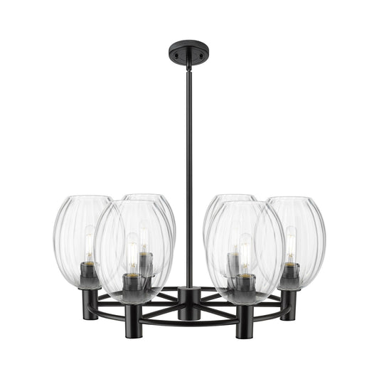 Innovations Preston Bulb 26in 6-Light Chandelier | Industrial Matte Black and Clear Glass | Dining Room & Kitchen Island | Model 434-6CR-BK-G459-6CL