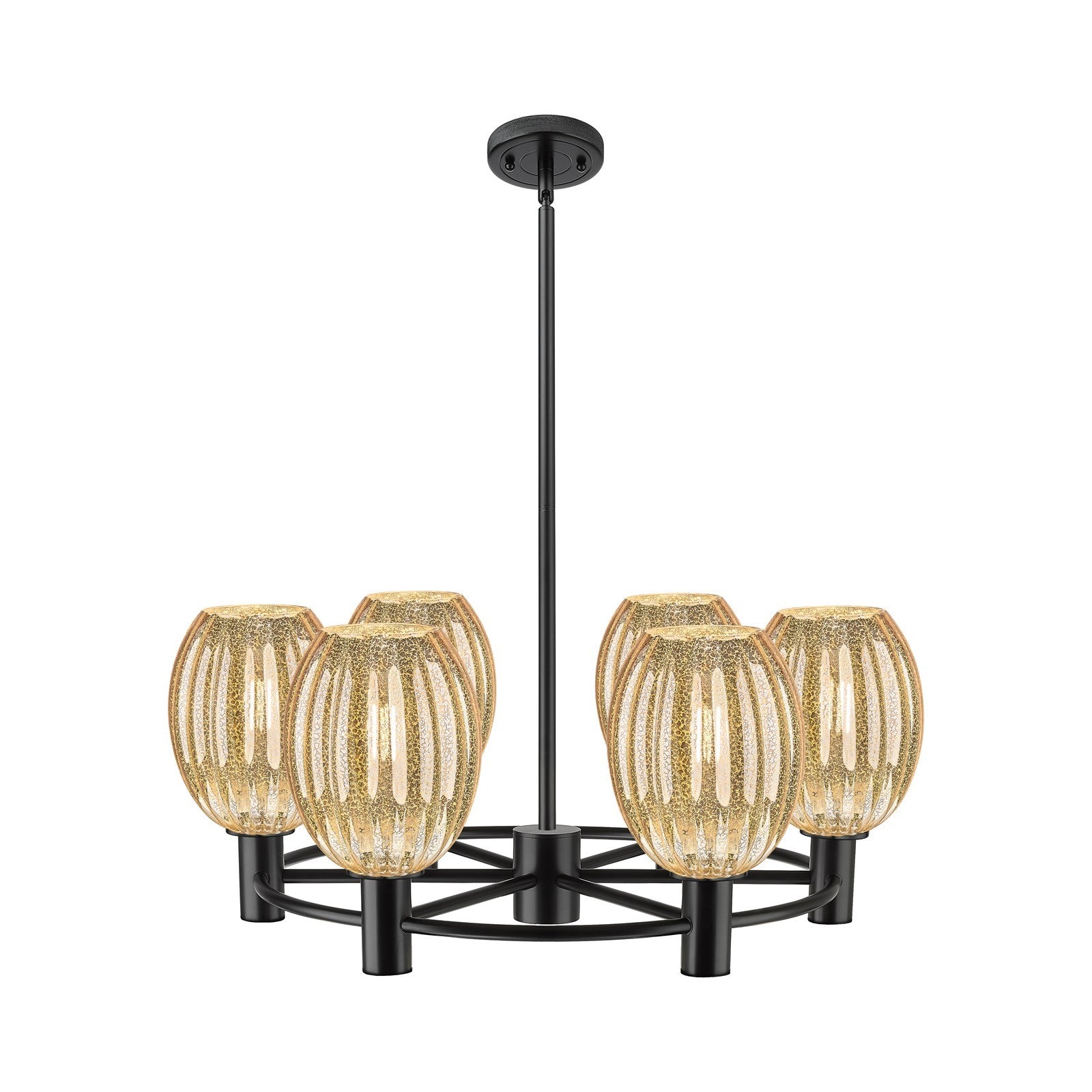 Innovations Preston Bulb 26in 6-Light Chandelier | Industrial Matte Black and Mercury Glass | Dining Room & Kitchen | Model 434-6CR-BK-G459-6ME