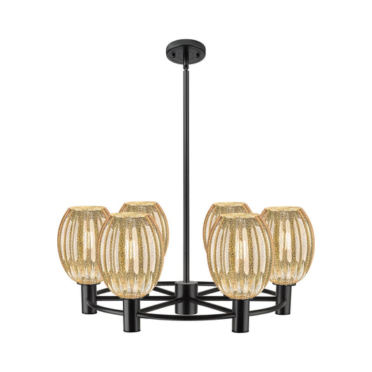 Innovations Preston Bulb 26in 6-Light Chandelier | Industrial Matte Black and Mercury Glass | Dining Room & Kitchen | Model 434-6CR-BK-G459-6ME