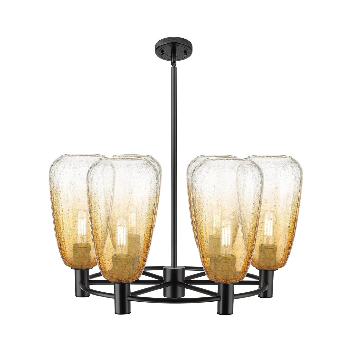 Innovations Brookhaven Almond 26in 6-Light Chandelier | Industrial Matte Black and Amber Glass | Dining Room & Kitchen | Model 434-6CR-BK-G480-6AM
