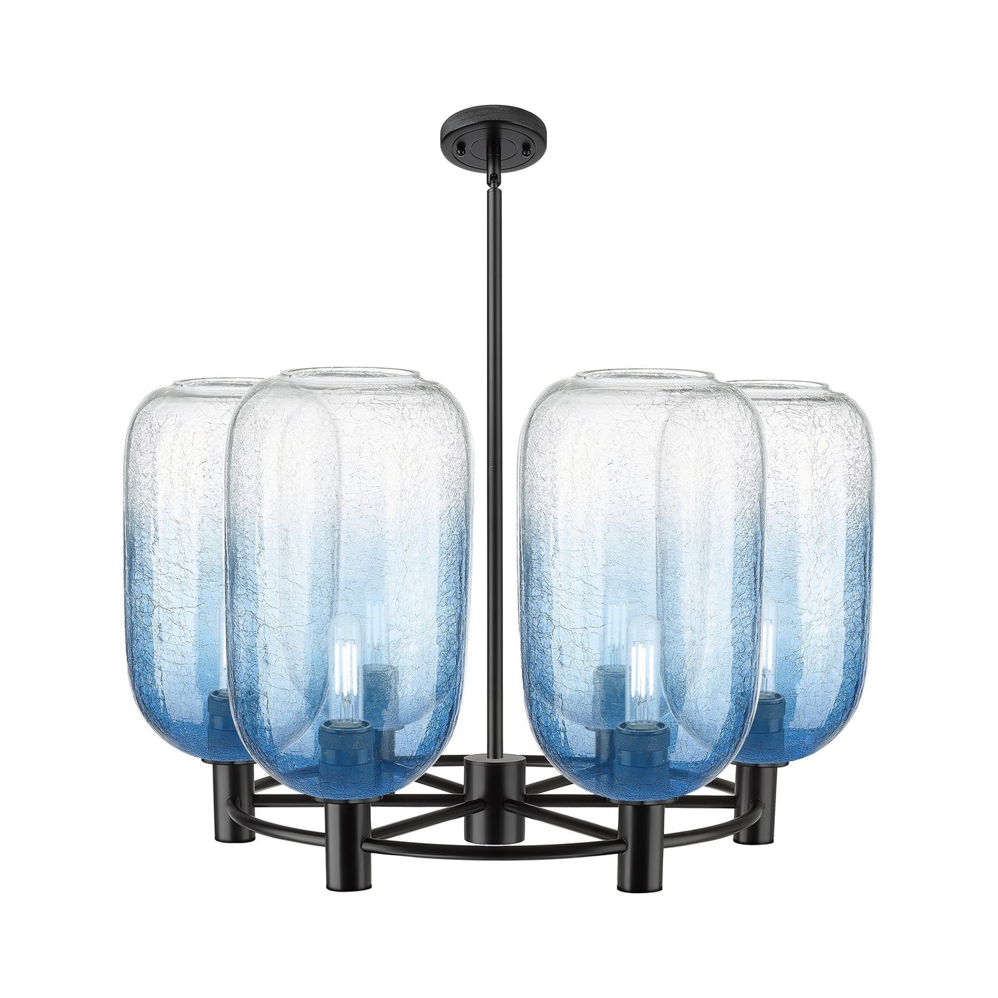 Innovations Brookhaven Cloche 27in 6-Light Chandelier | Industrial Matte Black and Sapphire Blue Glass | Kitchen Island | Model 434-6CR-BK-G482-7SB