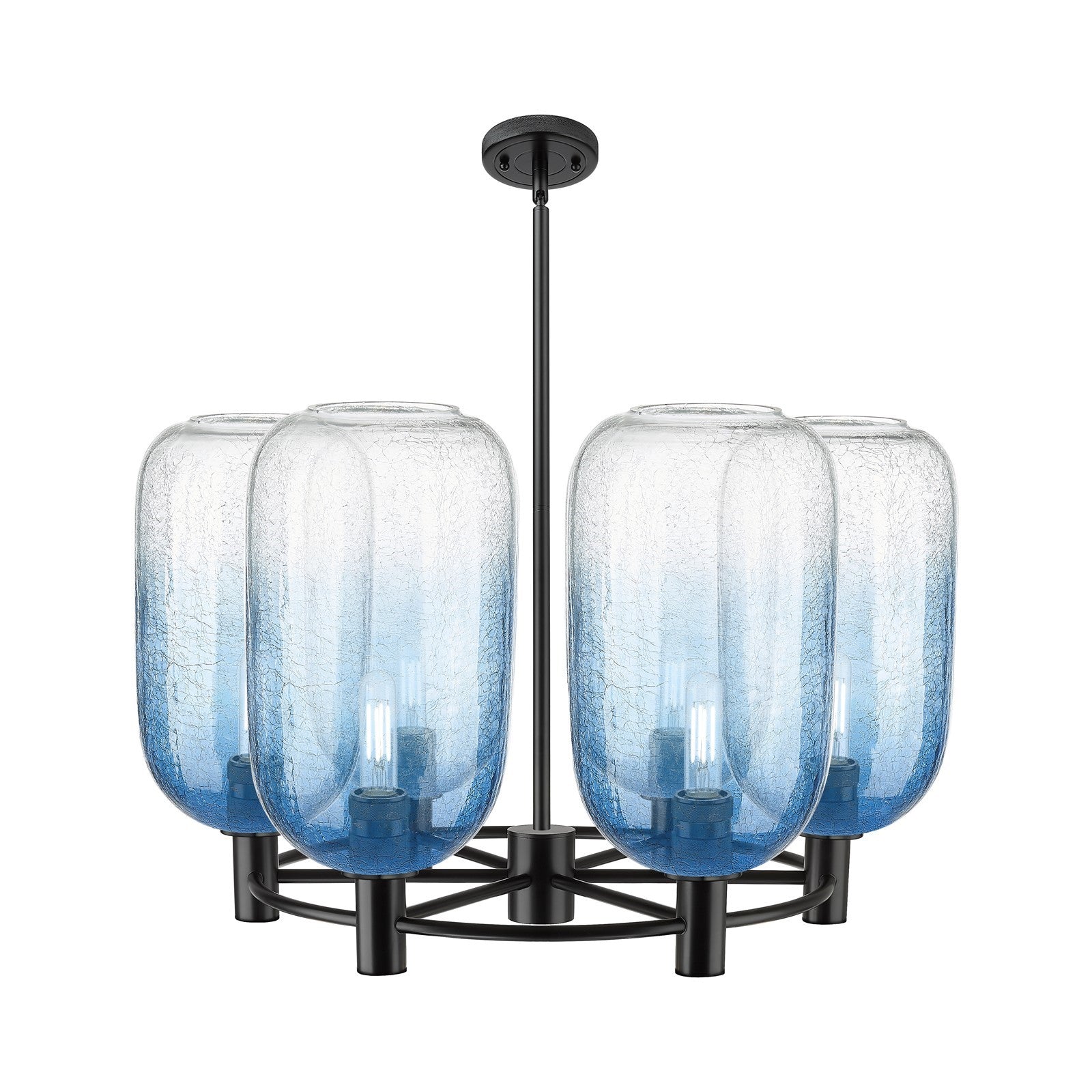 Innovations Brookhaven Cloche 27in 6-Light Chandelier | Industrial Matte Black and Sapphire Blue Glass | Kitchen Island | Model 434-6CR-BK-G482-7SB