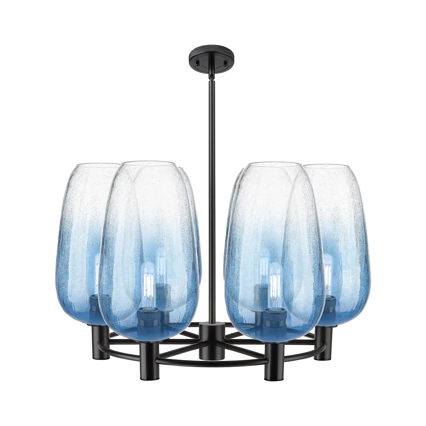 Innovations Brookhaven Flute 27in 6-Light Chandelier | Industrial Matte Black and Sapphire Blue Glass | Kitchen Island | Model 434-6CR-BK-G484-7SB