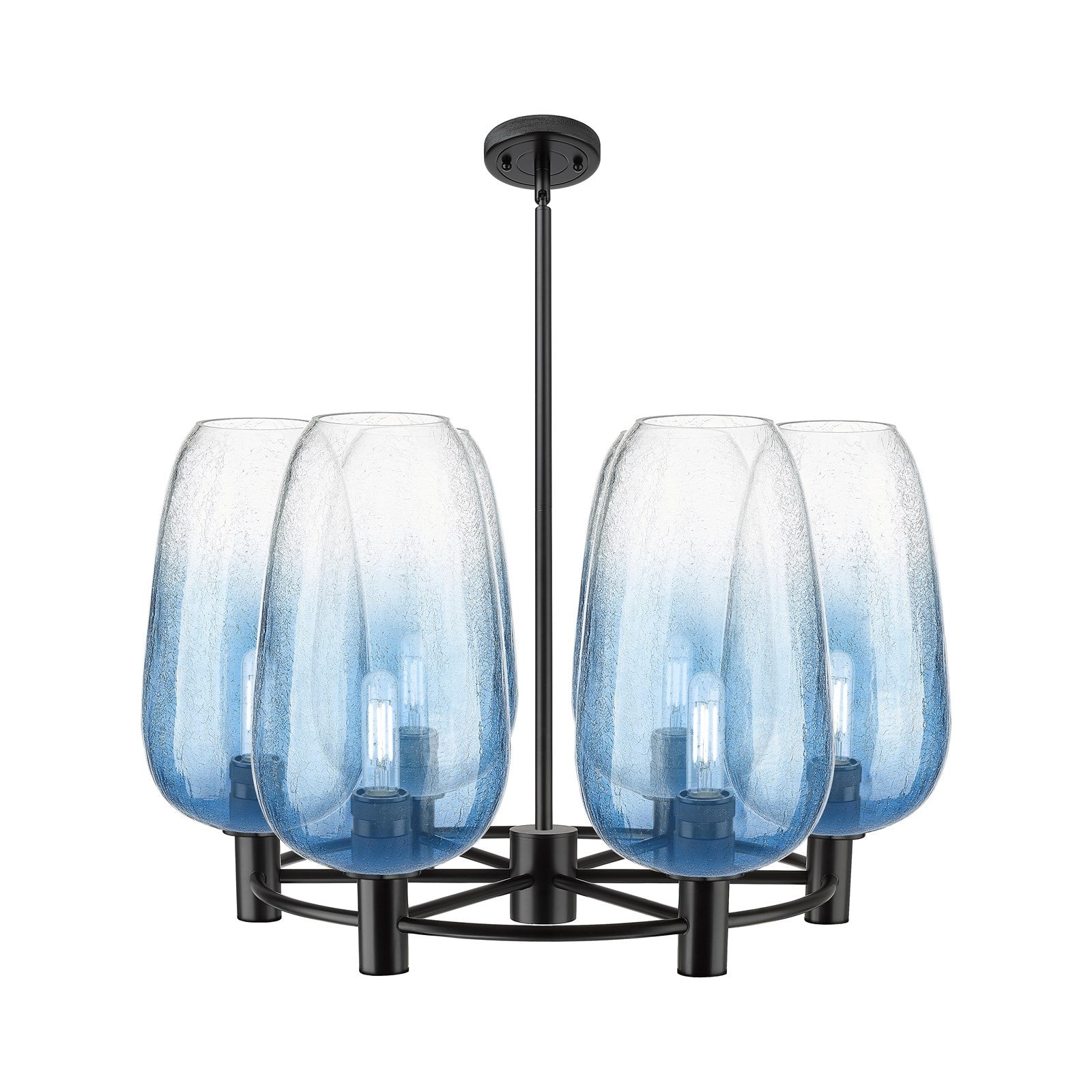 Innovations Brookhaven Flute 27in 6-Light Chandelier | Industrial Matte Black and Sapphire Blue Glass | Kitchen Island | Model 434-6CR-BK-G484-7SB