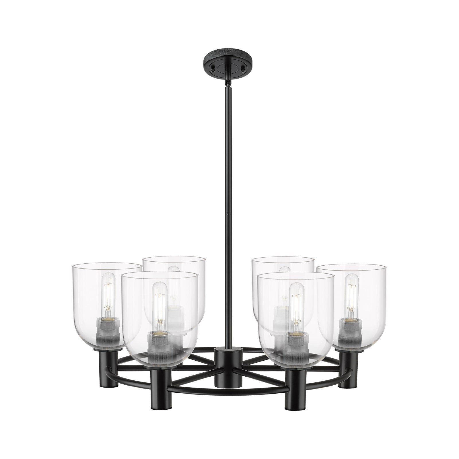 Innovations Bella 25in 6-Light Chandelier | Industrial Matte Black and Clear Glass | Kitchen Island & Dining Room | Model 434-6CR-BK-G558-6CL