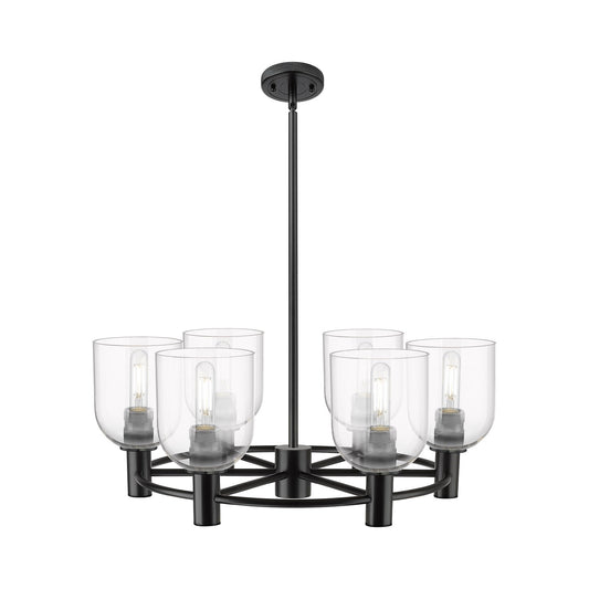 Innovations Bella 25in 6-Light Chandelier | Industrial Matte Black and Clear Glass | Kitchen Island & Dining Room | Model 434-6CR-BK-G558-6CL