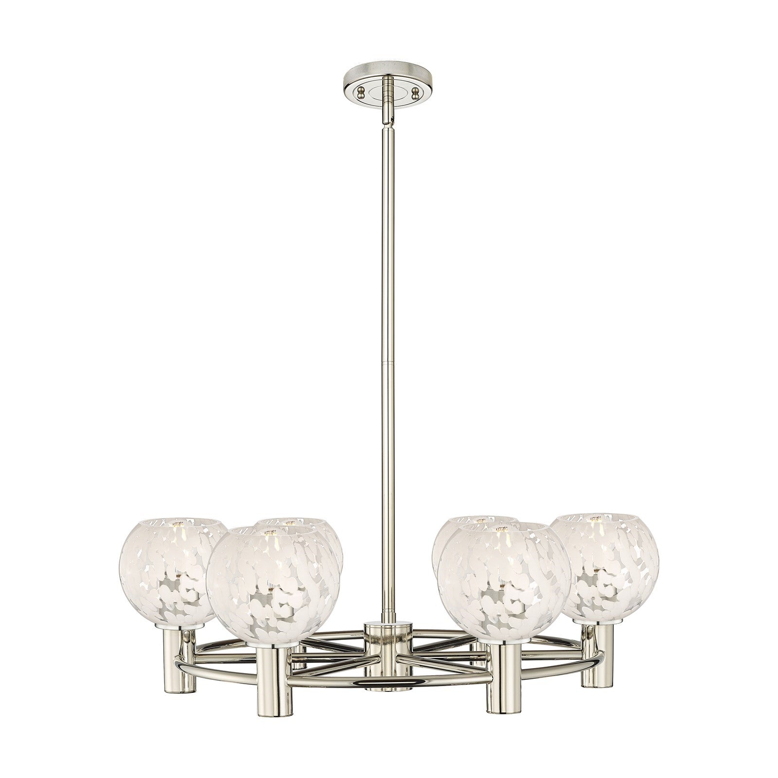 Innovations White Mouchette 26in 6-Light Chandelier | Industrial Polished Nickel and White Mouchette Glass | Dining Room | Model 434-6CR-PN-G1216-6WM
