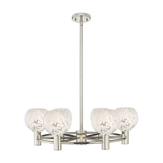 Innovations White Mouchette 26in 6-Light Chandelier | Industrial Polished Nickel and White Mouchette Glass | Dining Room | Model 434-6CR-PN-G1216-6WM