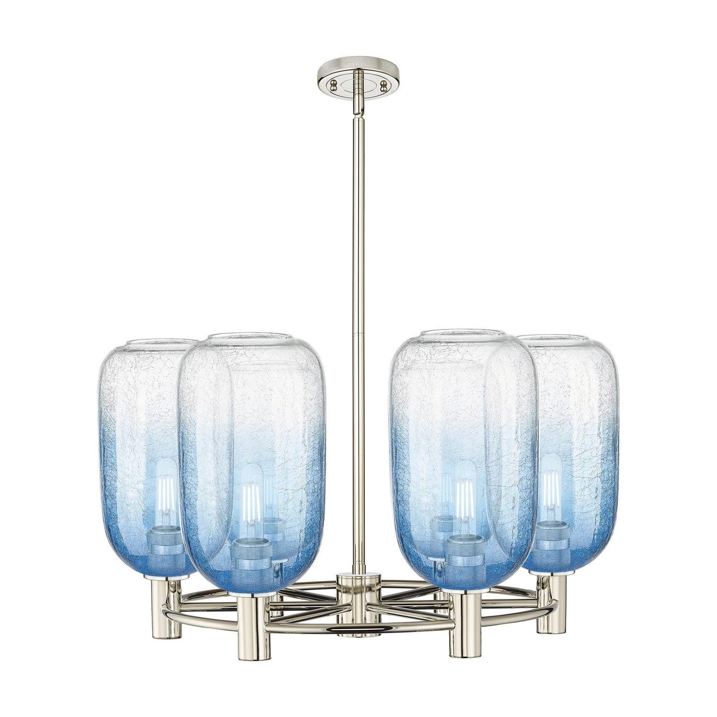 Innovations Brookhaven Cloche 27in 6-Light Chandelier | Industrial Polished Nickel and Sapphire Blue Glass | Dining Room | Model 434-6CR-PN-G482-7SB