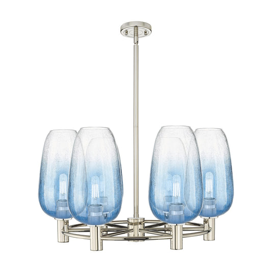 Innovations Brookhaven Flute 27in 6-Light Chandelier | Industrial Polished Nickel and Sapphire Blue Glass | Dining Room | Model 434-6CR-PN-G484-7SB