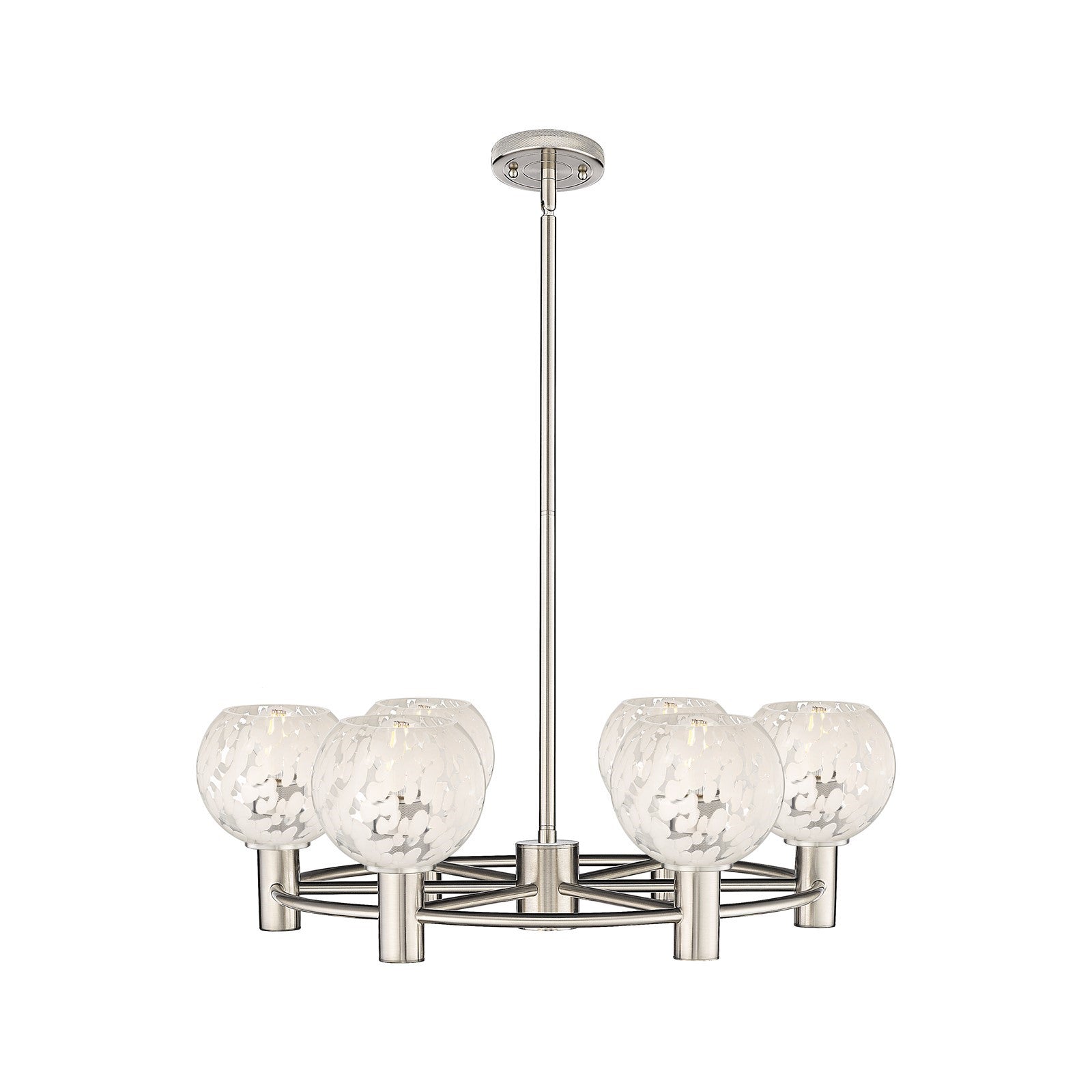 Innovations White Mouchette 26in 6-Light Chandelier | Industrial Satin Nickel and White Mouchette Glass | Dining Room | Model 434-6CR-SN-G1216-6WM