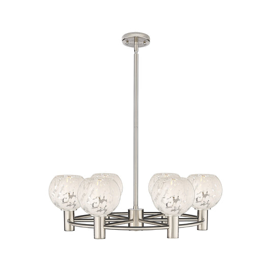 Innovations White Mouchette 26in 6-Light Chandelier | Industrial Satin Nickel and White Mouchette Glass | Dining Room | Model 434-6CR-SN-G1216-6WM