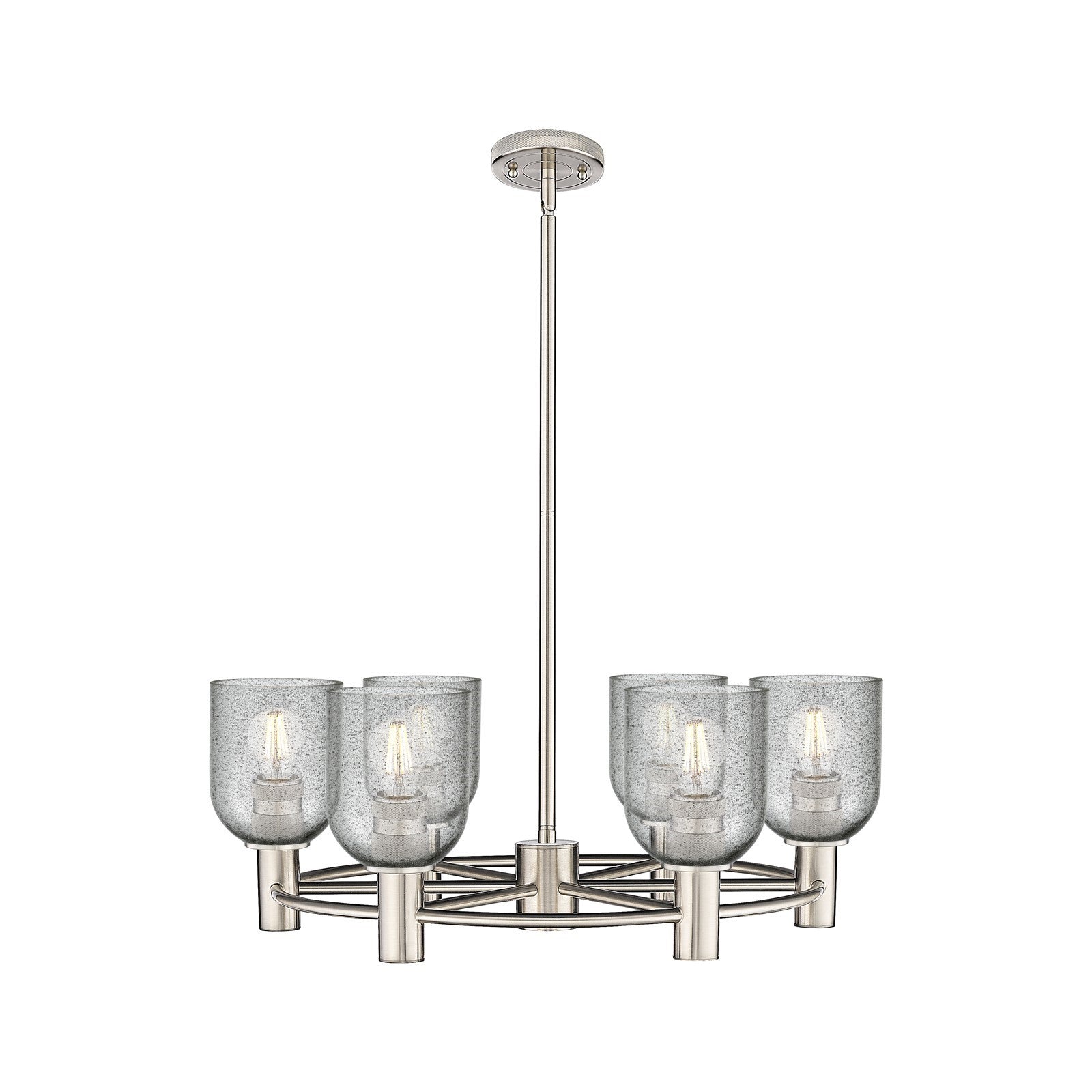 Innovations Caledonia 25in 6-Light Chandelier | Industrial Satin Nickel and Charcoal Glass | Dining Room & Kitchen Island | Model 434-6CR-SN-G257