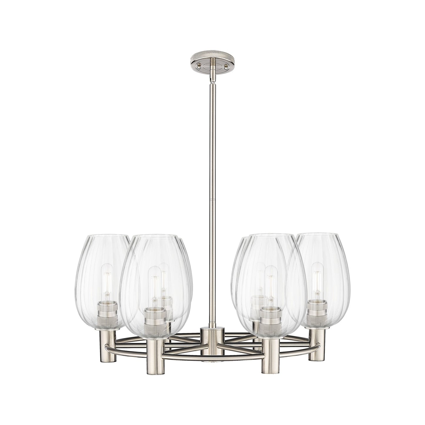 Innovations Preston Flute 26in 6-Light Chandelier | Industrial Satin Nickel and Clear Glass | Kitchen Island & Dining | Model 434-6CR-SN-G457-6CL