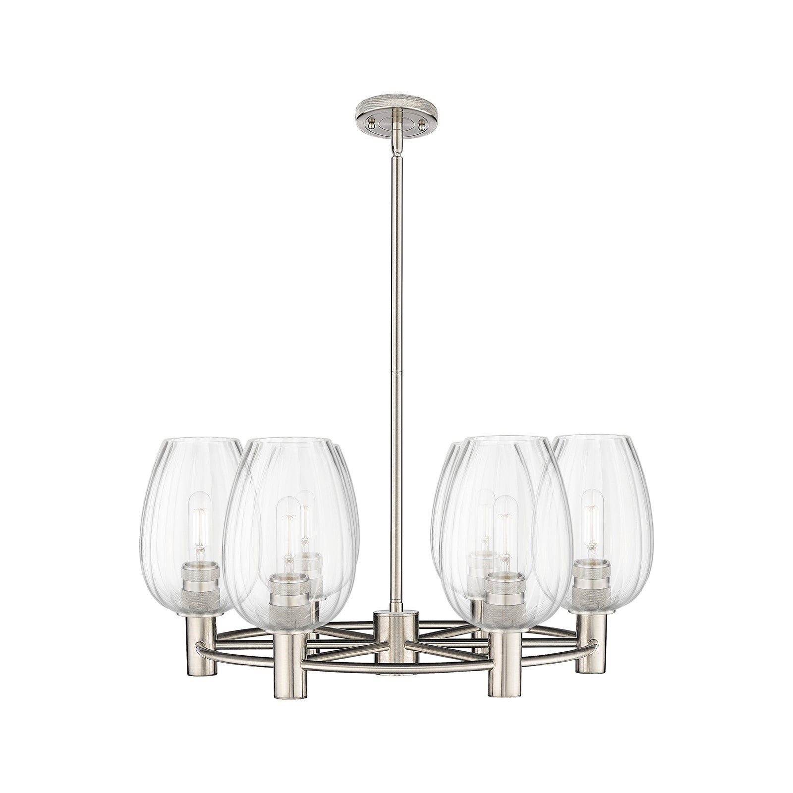 Innovations Preston Flute 26in 6-Light Chandelier | Industrial Satin Nickel and Clear Glass | Kitchen Island & Dining | Model 434-6CR-SN-G457-6CL