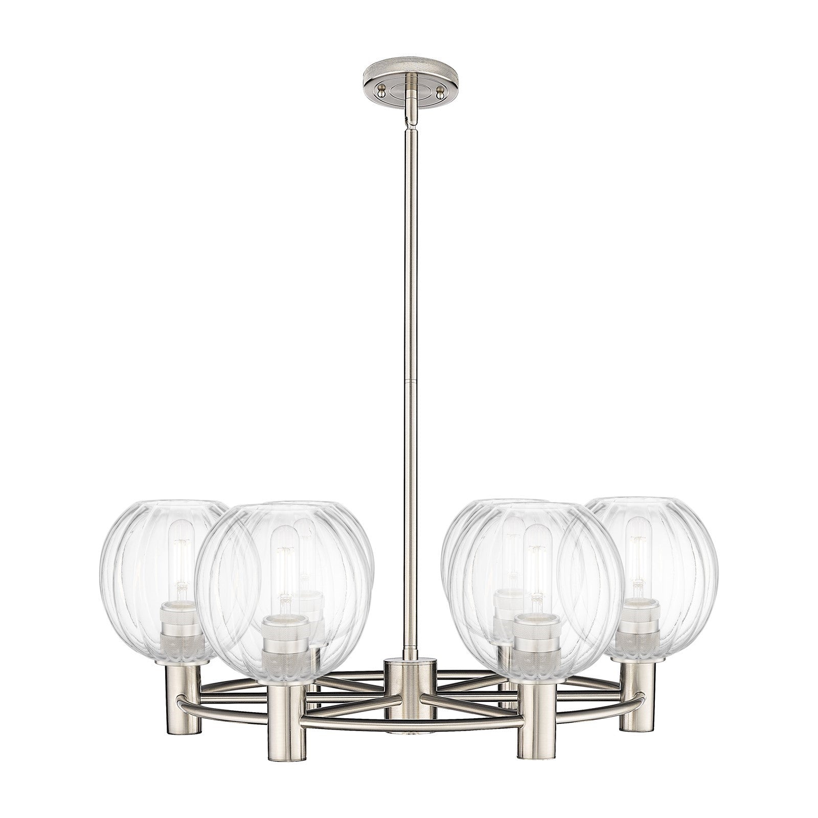 Innovations Preston Globe 27in 6-Light Chandelier | Industrial Satin Nickel and Clear Glass | Kitchen Island & Dining | Model 434-6CR-SN-G458-7CL