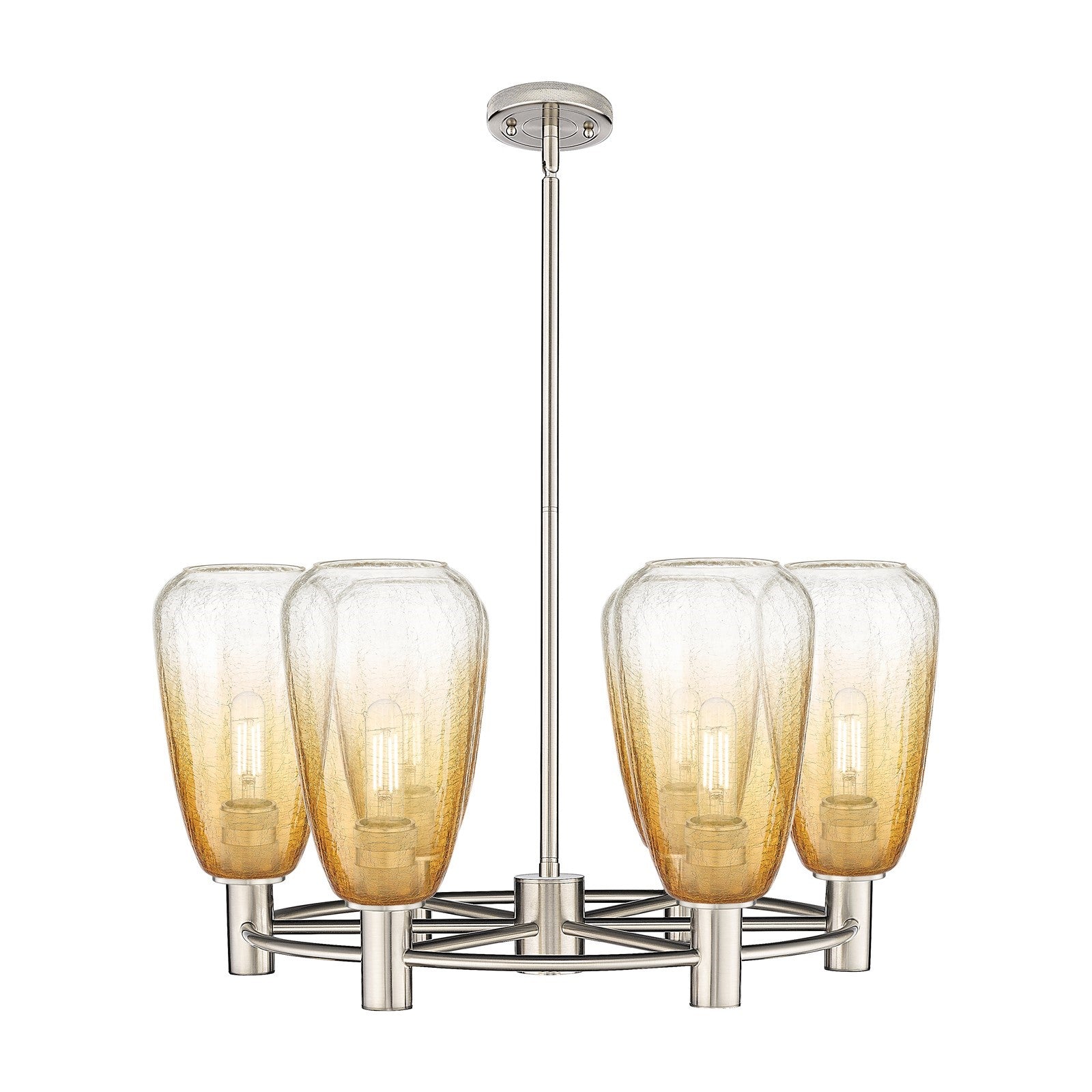 Innovations Brookhaven Almond 26in 6-Light Chandelier | Industrial Satin Nickel and Amber Glass | Dining Room & Kitchen | Model 434-6CR-SN-G480-6AM