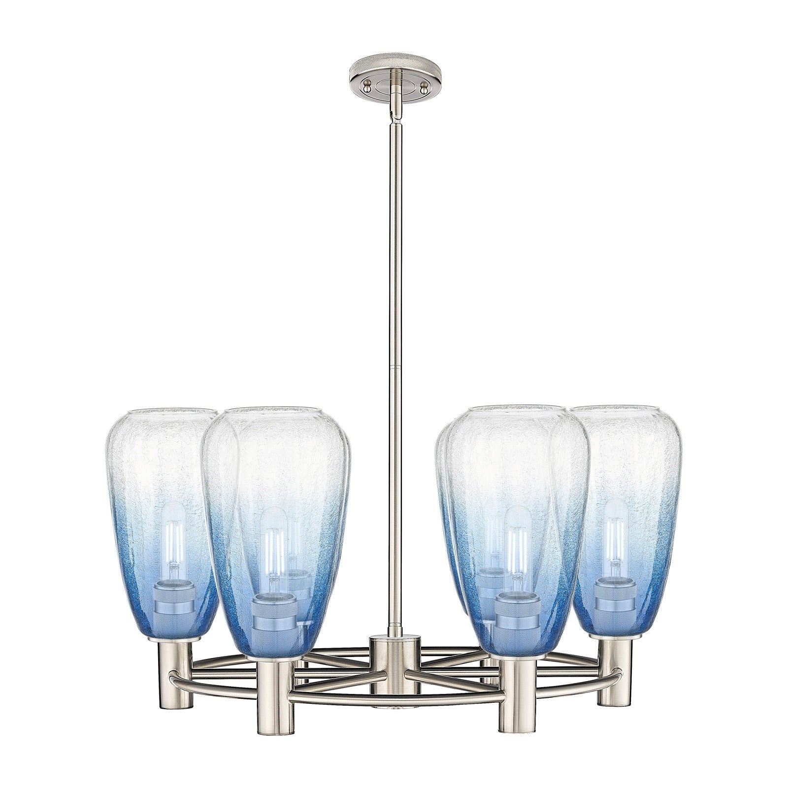 Innovations Brookhaven Almond 26in 6-Light Chandelier | Industrial Satin Nickel and Sapphire Blue Glass | Dining Room | Model 434-6CR-SN-G480-6SB