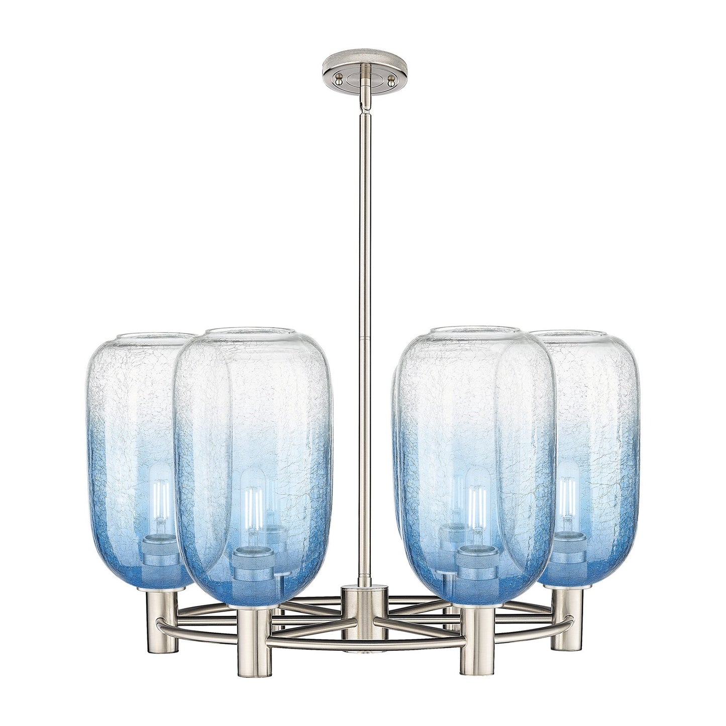 Innovations Brookhaven Cloche 27in 6-Light Chandelier | Industrial Satin Nickel and Sapphire Blue Glass | Kitchen Island | Model 434-6CR-SN-G482-7SB
