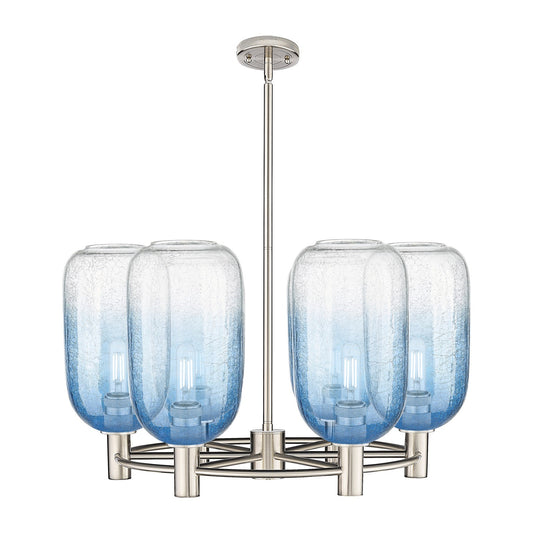 Innovations Brookhaven Cloche 27in 6-Light Chandelier | Industrial Satin Nickel and Sapphire Blue Glass | Kitchen Island | Model 434-6CR-SN-G482-7SB