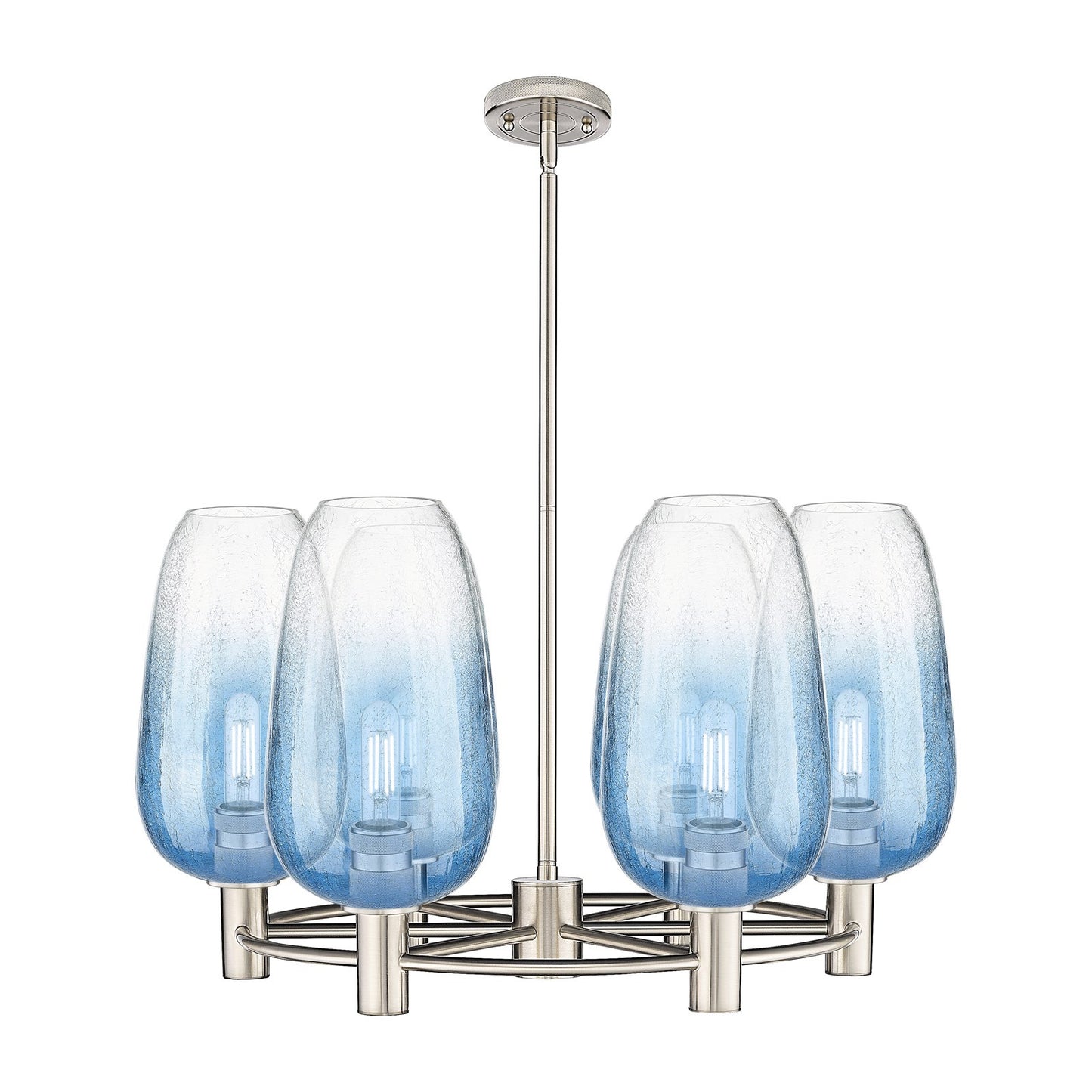 Innovations Brookhaven Flute 27in 6-Light Chandelier | Industrial Satin Nickel and Sapphire Blue Glass | Kitchen Island | Model 434-6CR-SN-G484-7SB