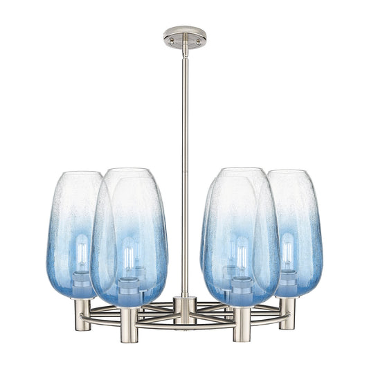 Innovations Brookhaven Flute 27in 6-Light Chandelier | Industrial Satin Nickel and Sapphire Blue Glass | Kitchen Island | Model 434-6CR-SN-G484-7SB