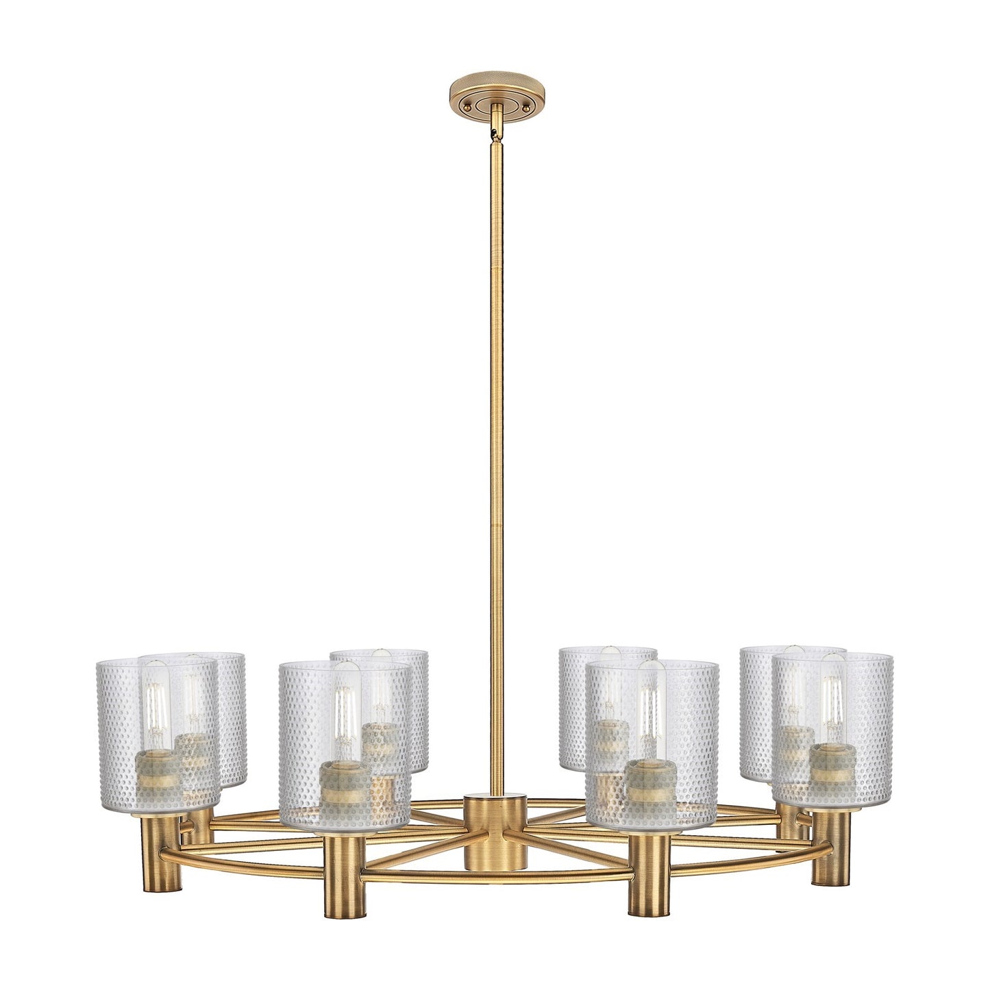Innovations Cobbleskill 34.62in 8-Light Chandelier | Industrial Brushed Brass and Clear Glass | Dining Room & Kitchen Island | Model 434-8CR-BB-G112
