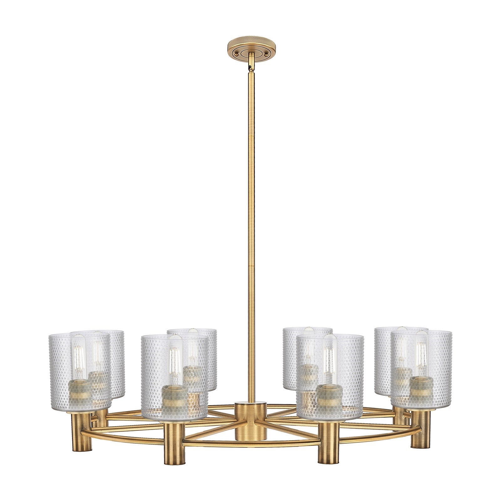 Innovations Cobbleskill 34.62in 8-Light Chandelier | Industrial Brushed Brass and Clear Glass | Dining Room & Kitchen Island | Model 434-8CR-BB-G112
