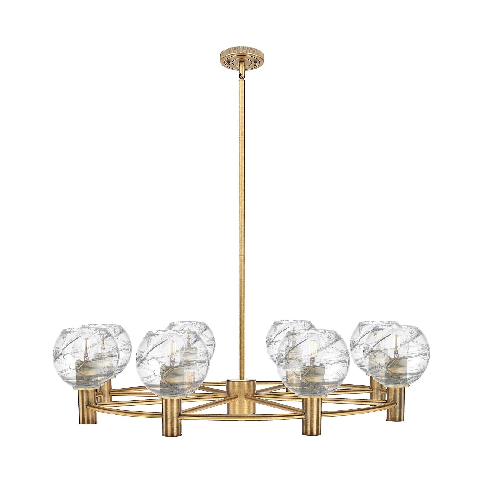 Innovations Crown Point 35in 8-Light Chandelier | Industrial Brushed Brass and Clear Deco Swirl Glass | Dining Room | Model 434-8CR-BB-G1213-6CL