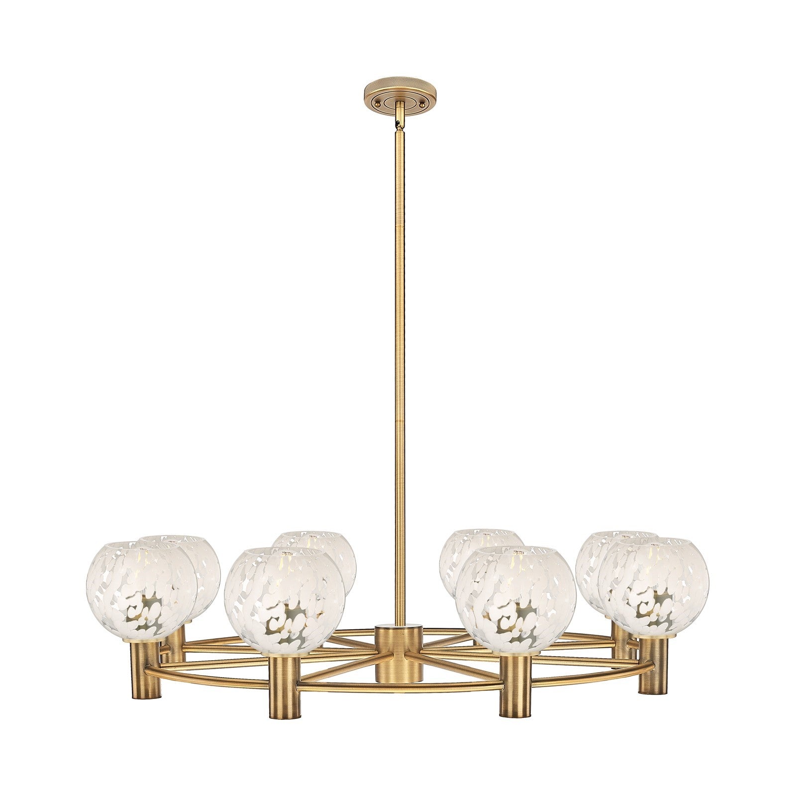 Innovations White Mouchette 36in 8-Light Chandelier | Industrial Brushed Brass and White Glass | Dining Room & Kitchen | Model 434-8CR-BB-G1216-6WM