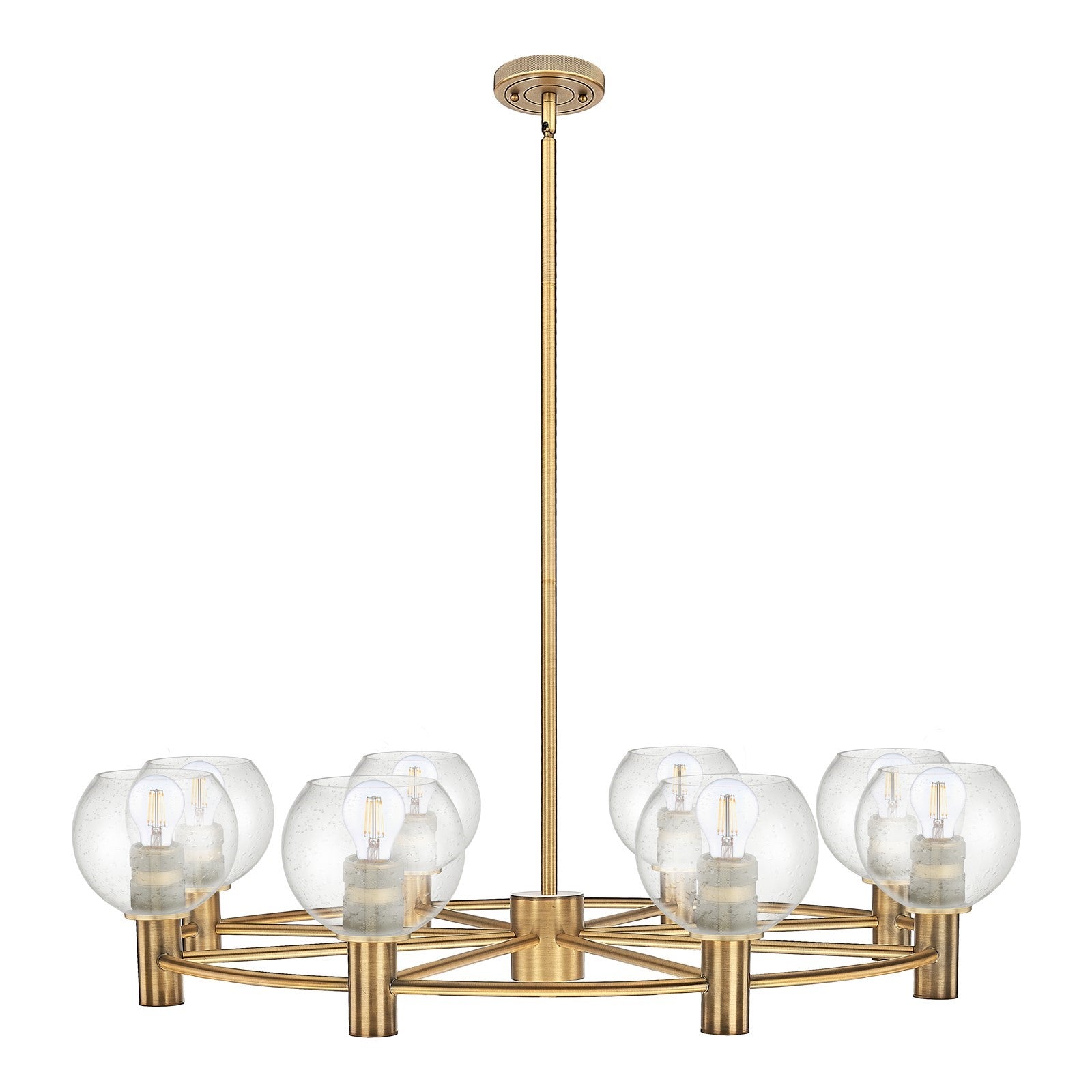 Innovations Crown Point 36in 8-Light Chandelier | Industrial Brushed Brass and Seedy Glass | Dining Room & Kitchen Island | Model 434-8CR-BB-G124-6