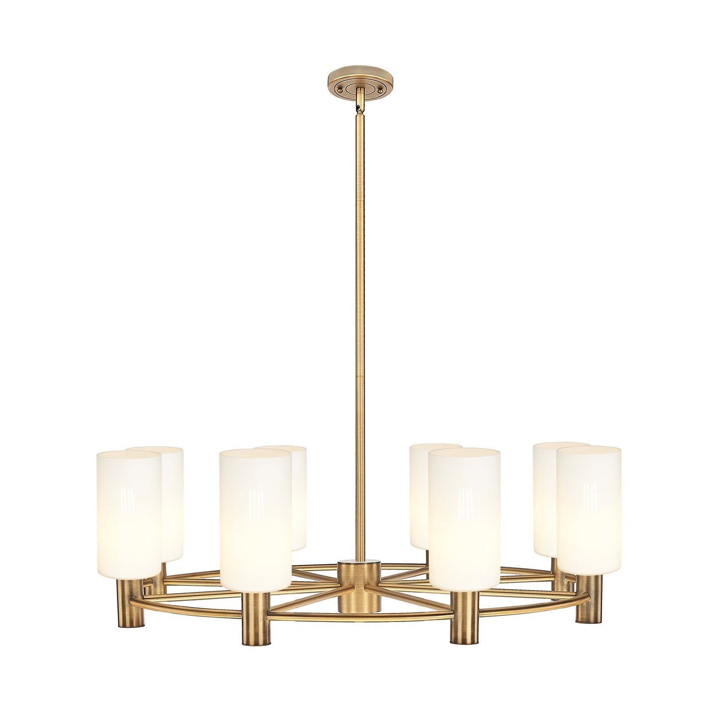 Innovations Crown Point 32in 8-Light Chandelier | Industrial Brushed Brass and White Frosted Glass | Dining Room | Model 434-8CR-BB-G434-7WH