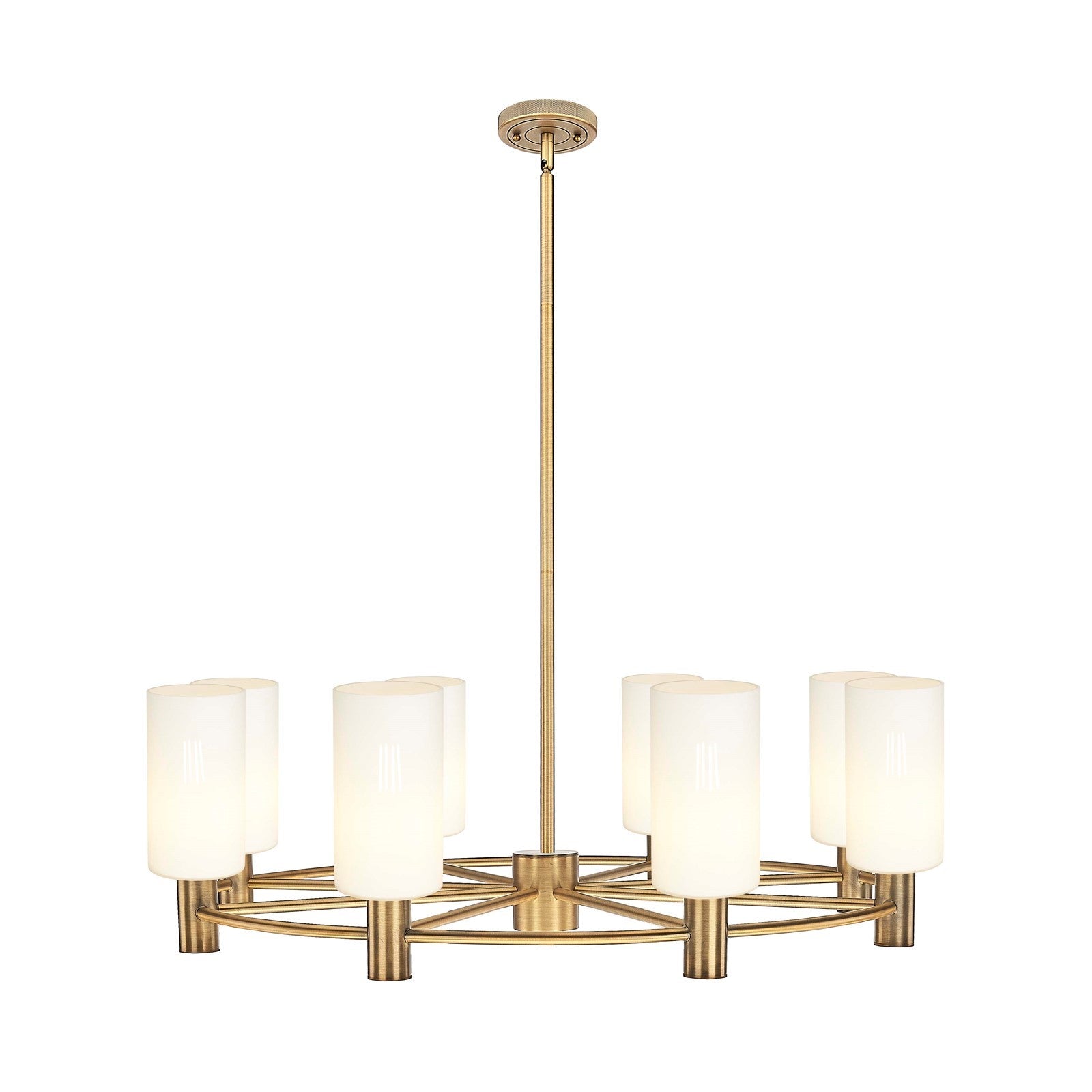 Innovations Crown Point 32in 8-Light Chandelier | Industrial Brushed Brass and White Frosted Glass | Dining Room | Model 434-8CR-BB-G434-7WH