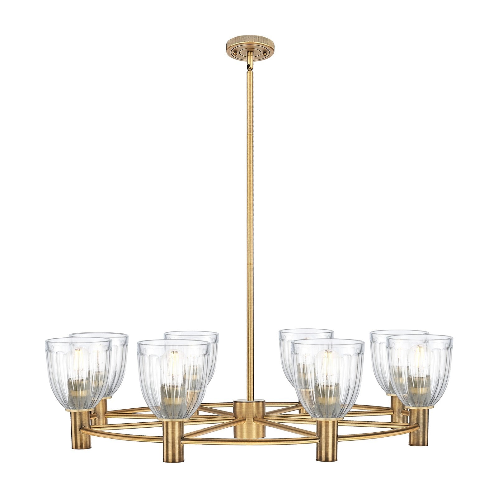 Innovations Brookfield 35in 8-Light Chandelier | Industrial Brushed Brass and Clear Ribbed Glass | Dining Room & Kitchen | Model 434-8CR-BB-G442