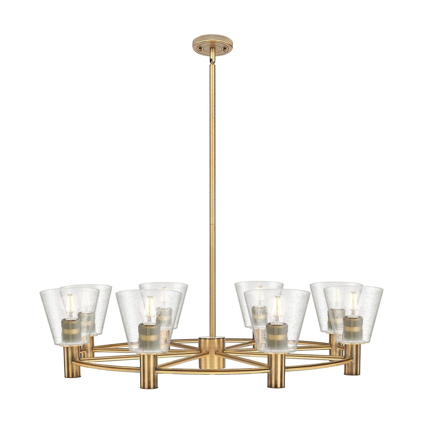 Innovations Caton 36in 8-Light Chandelier | Industrial Brushed Brass and Frosted Glass | Dining Room & Foyer | Model 434-8CR-BB-G454